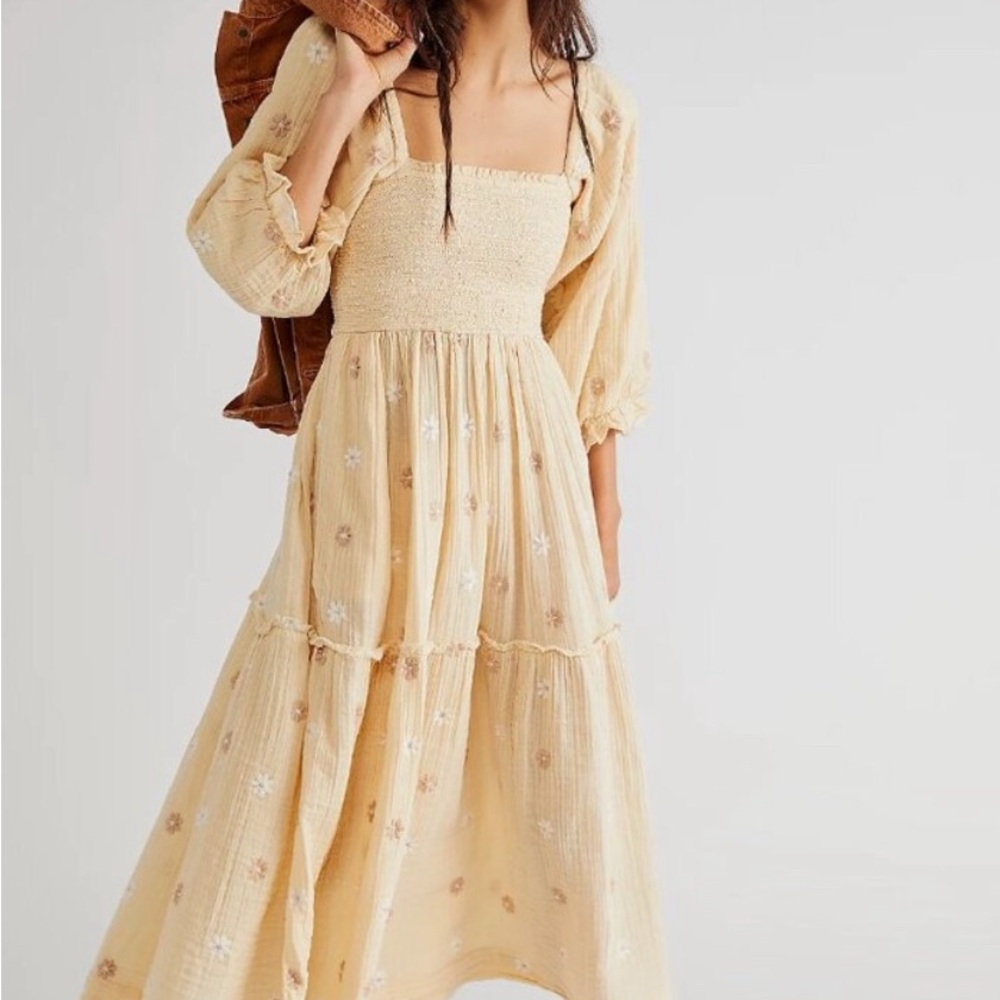 Free People Cream Floral Dahlia Long Sleeve Dress